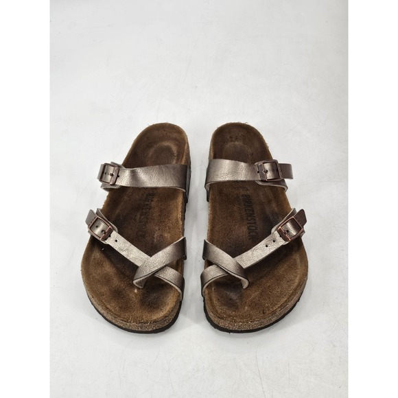 Birkenstock Mayari Birko‎ Leather Cross Strap Sandals Women's Size 7 5M  Taupe - Picture 2 of 7